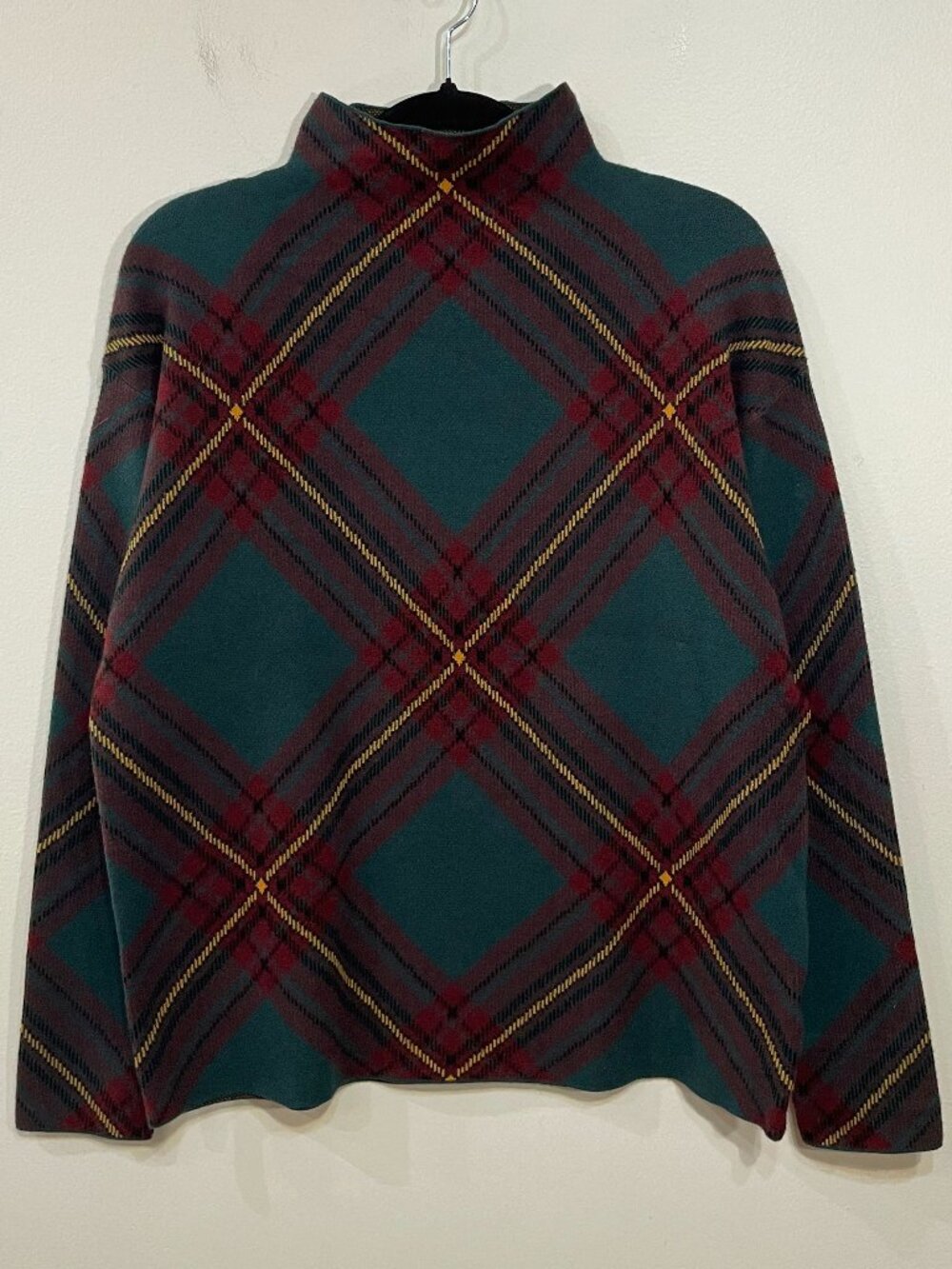 New Tahari Fall Tartan Jacquard Mock Neck Sweater Green Burgundy Medium